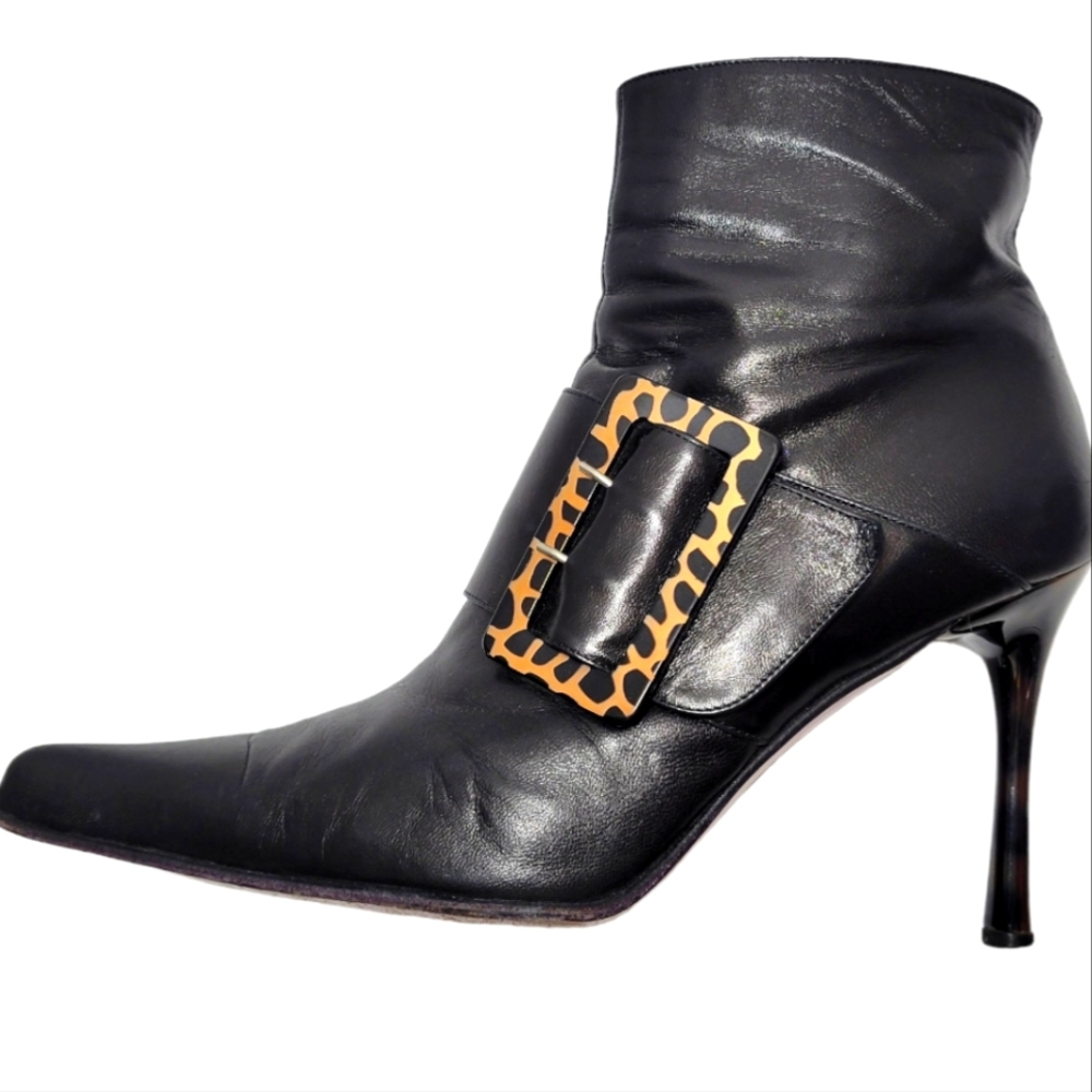 Mary Atkins Italian Leather Black Ankle Stiletto Boots Leopard Accents Size 39/8